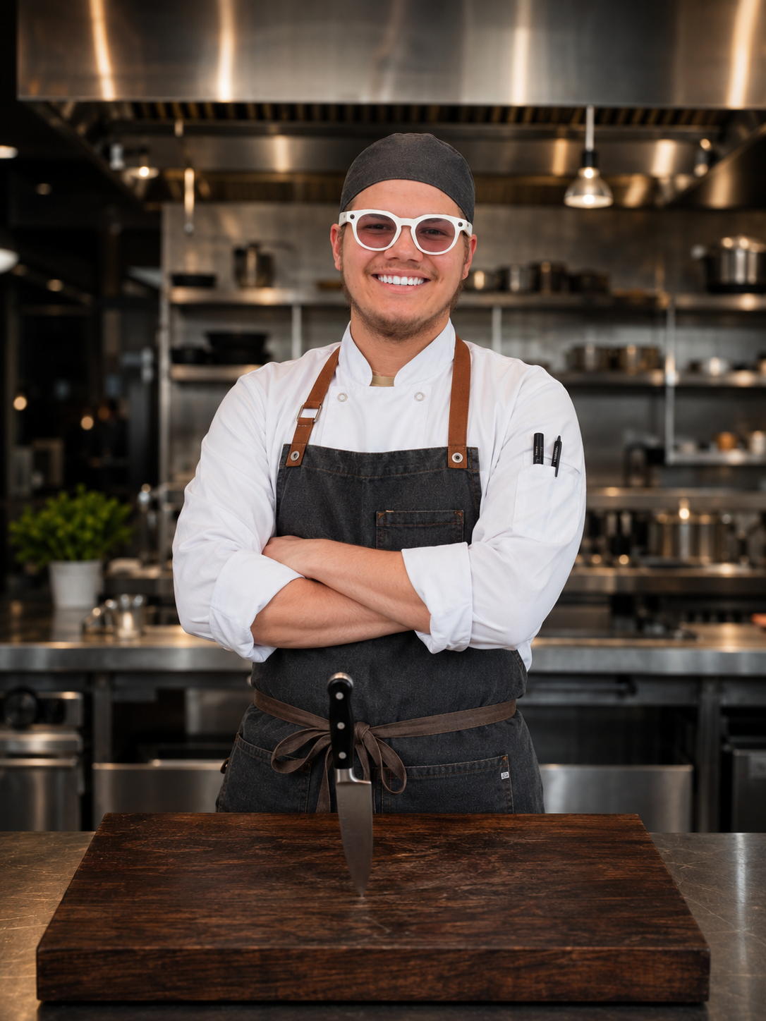 Colby Price in a chef coat standing in a professional kitchen