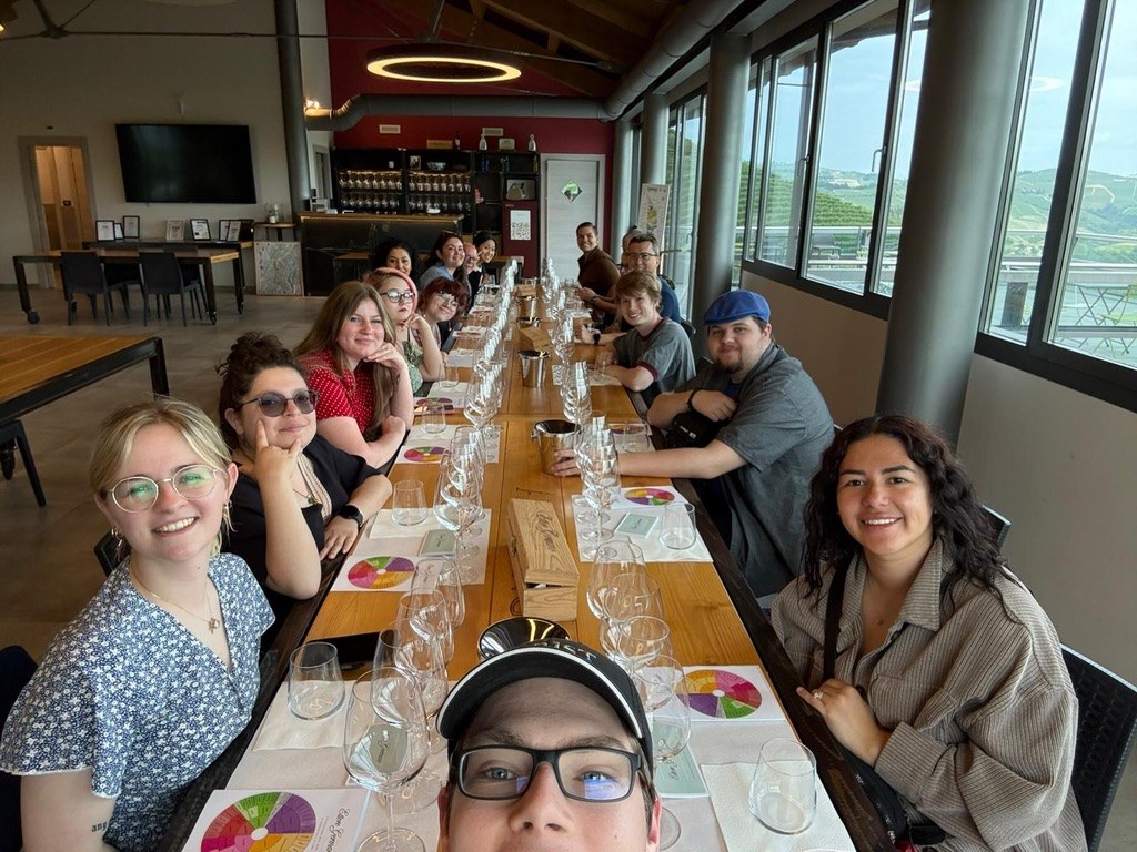 Group wine tasting at Ettore Germano in Italy.