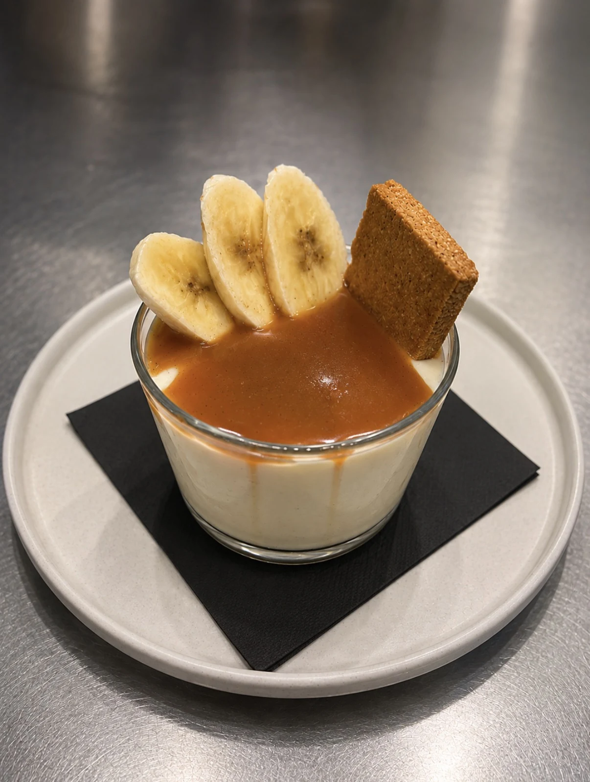 Banana pudding trifle with bourbon caramel, fresh banana slices, and a Speculoos cookie.