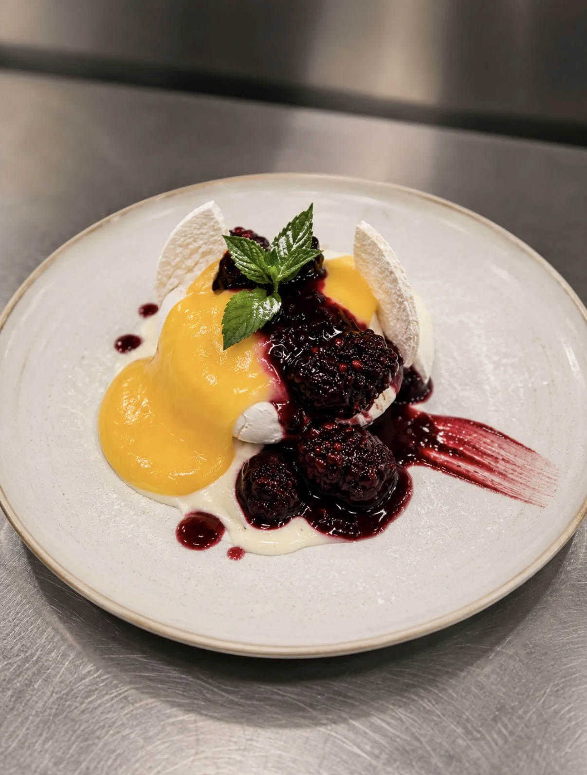 Blackberry pavlova with lemon curd, blackberry compote, elderflower Chantilly cream, and mint.