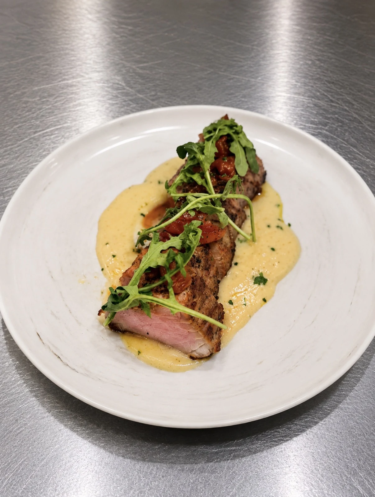 Sliced grilled pork tenderloin over cauliflower purée with peach bourbon jam and arugula.