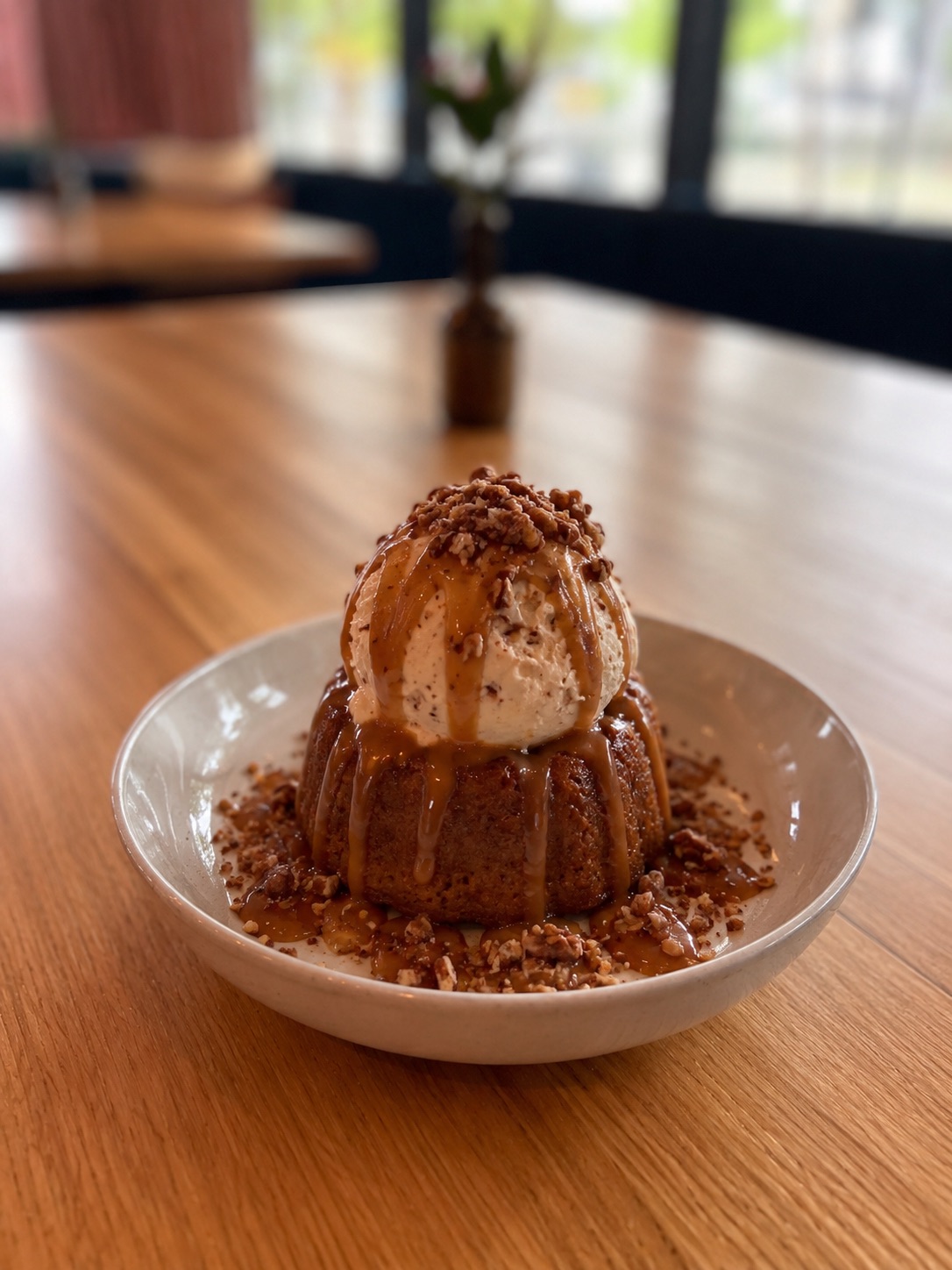 Pecan praline Bundt cake with maple bacon ice cream