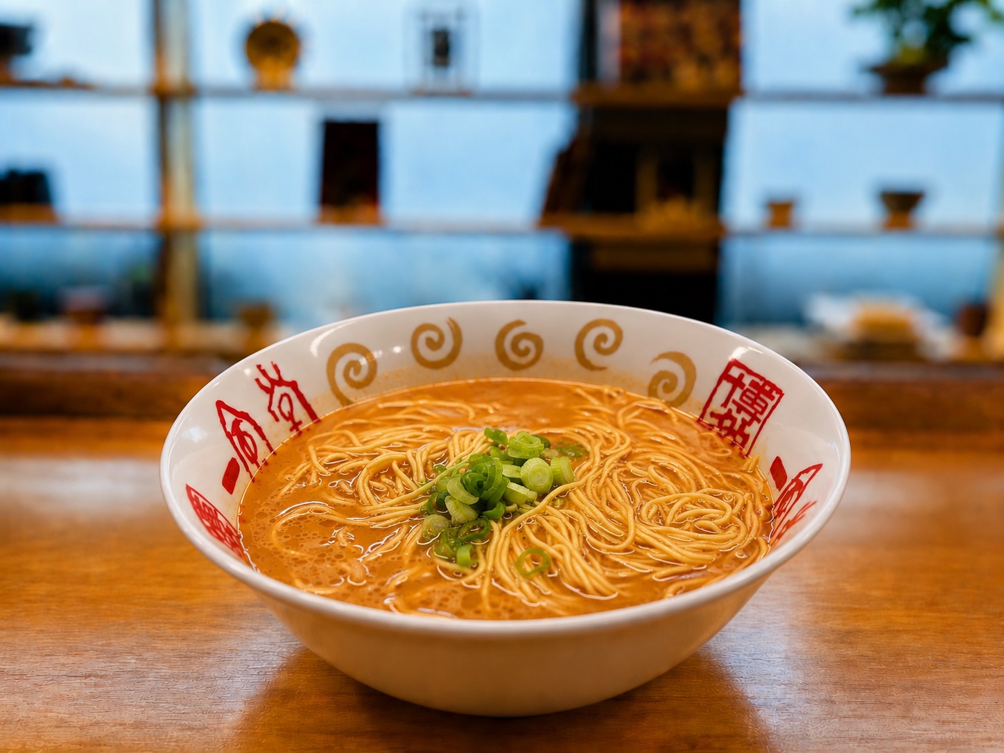 Composed ramen bowl in rich broth with scallions