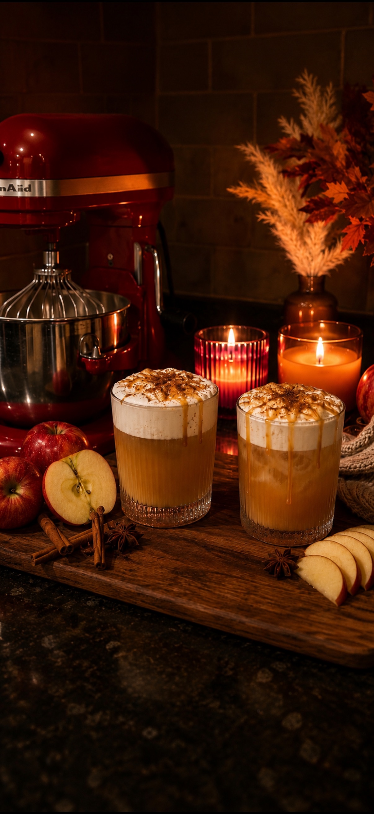 Spiced bourbon apple cider with caramel cold foam and nutmeg