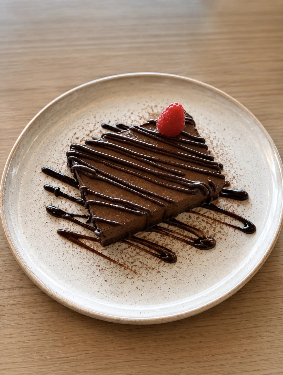 Triple chocolate mousse cake with chocolate ganache drizzle and a fresh raspberry.